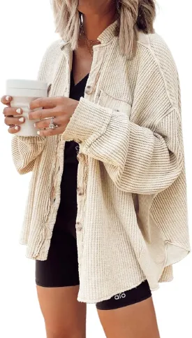 CHARTOU Women's Vintage Banded Collar Button Down Baggy Loose Fit Mid-Weight Frayed Waffle Knit Shacket Shirt Tops