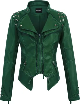 chouyatou Women's Fashion Studded Perfectly Shaping Faux Leather Biker Jacket