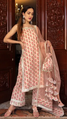 Cotton Peach Printed Suit Set with Organza Dupatta