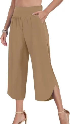 Crop Palazzo Pants for Women 2025 Summer Wide Leg Capris Yoga Pants Side Slit High Waist Capri Pants with Pockets