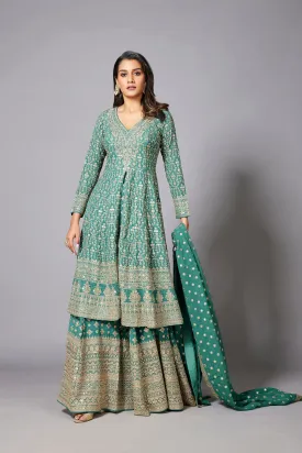 Dark Teal Embellished Swiss Georgette Silk Palazzo Set