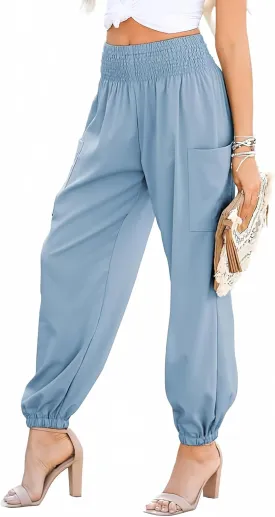 Dokotoo Womens Summer Boho Business Casual Smocked 2025 High Waisted Cargo Summer Long Elephant Pants with Pockets
