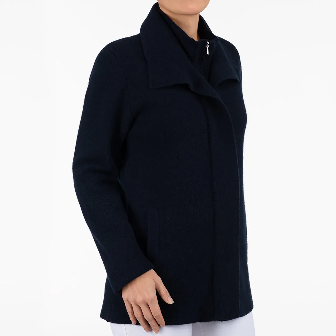 Double Collar Zip Front Cardigan in Navy