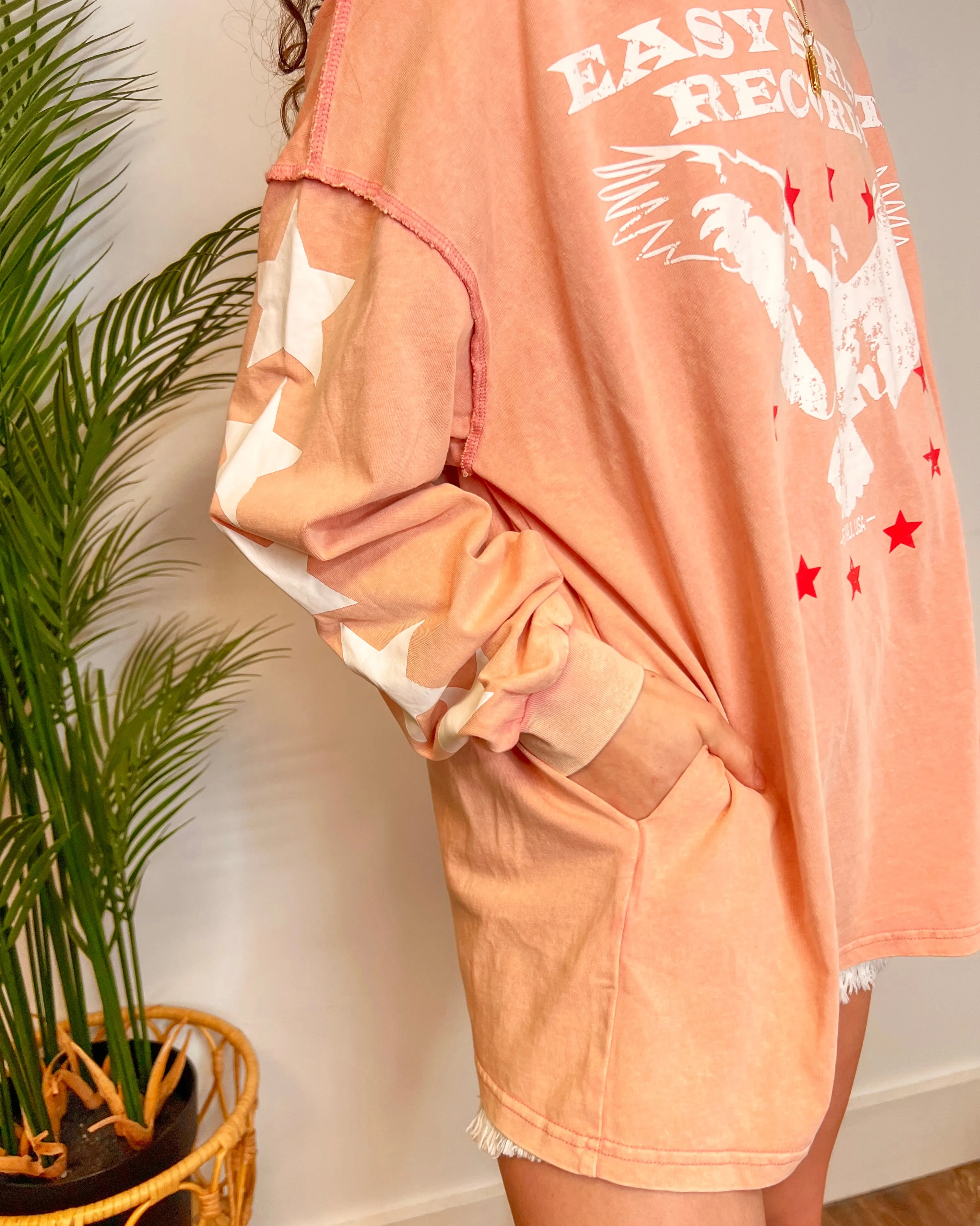 Easy Street Records Dark Pink Washed Eagle Star Long Sleeve Graphic Tee