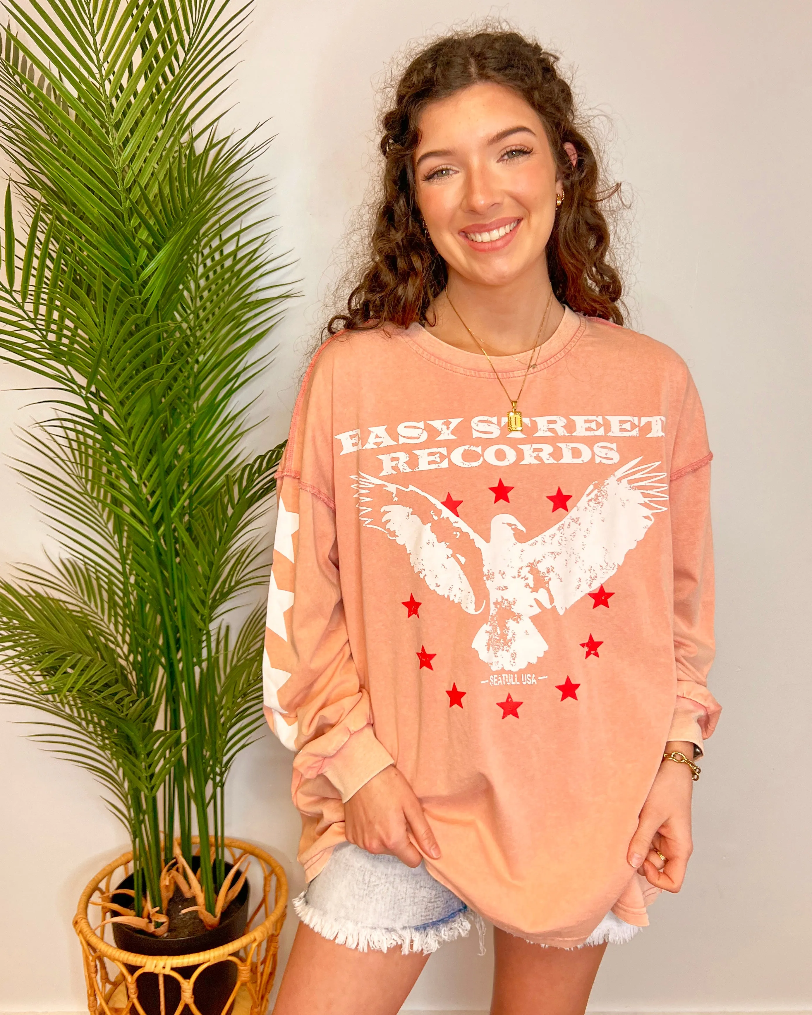 Easy Street Records Dark Pink Washed Eagle Star Long Sleeve Graphic Tee