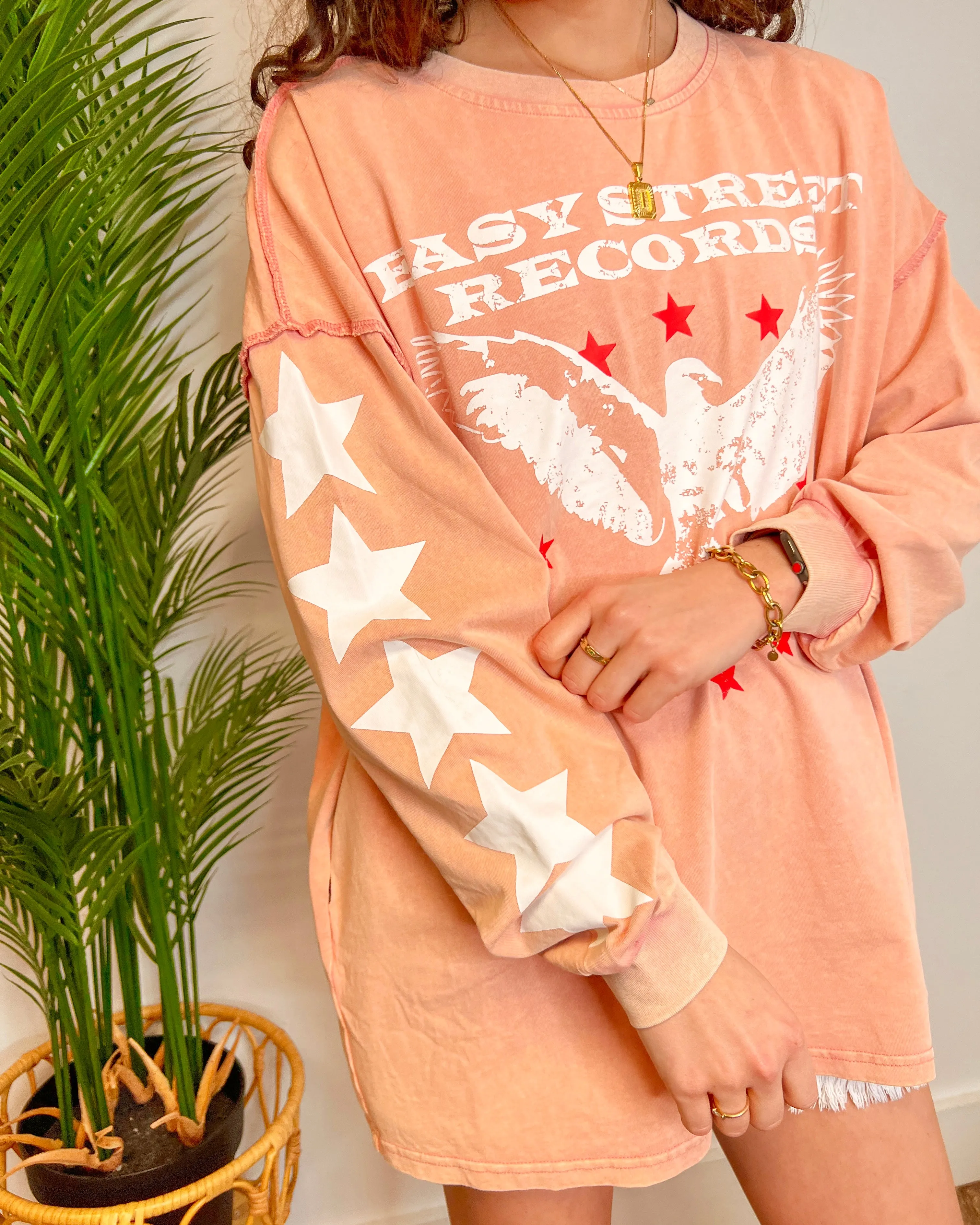 Easy Street Records Dark Pink Washed Eagle Star Long Sleeve Graphic Tee