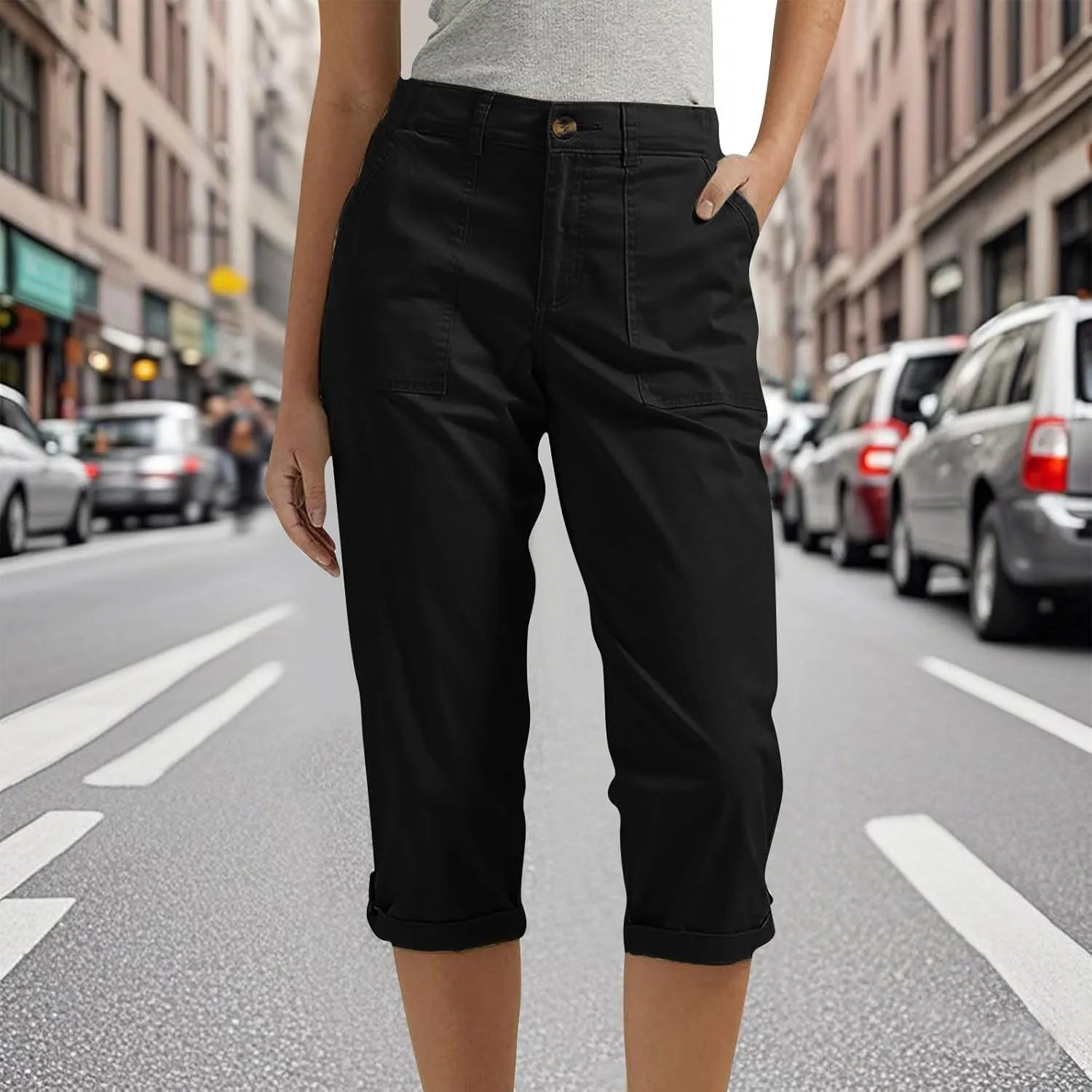 fanmpghleoo Dressy Capri Pants for Women Casual High Waisted Capris Cargo Pants with Pockets Slim-Fit Tapered Cotton Capris