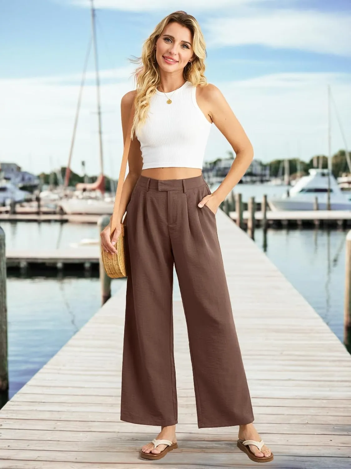 Feiersi Women's Wide Leg Pants Casual High Waisted Slacks Straight Dressy Pants Palazzo Trousers with Pockets