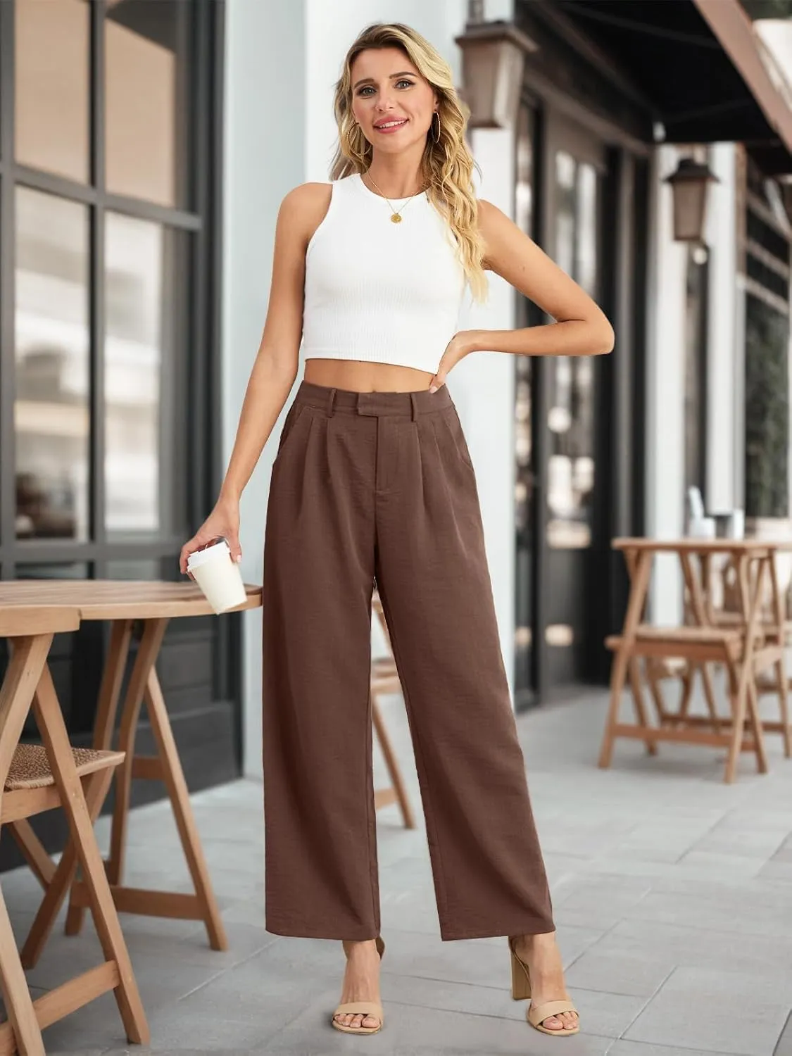 Feiersi Women's Wide Leg Pants Casual High Waisted Slacks Straight Dressy Pants Palazzo Trousers with Pockets