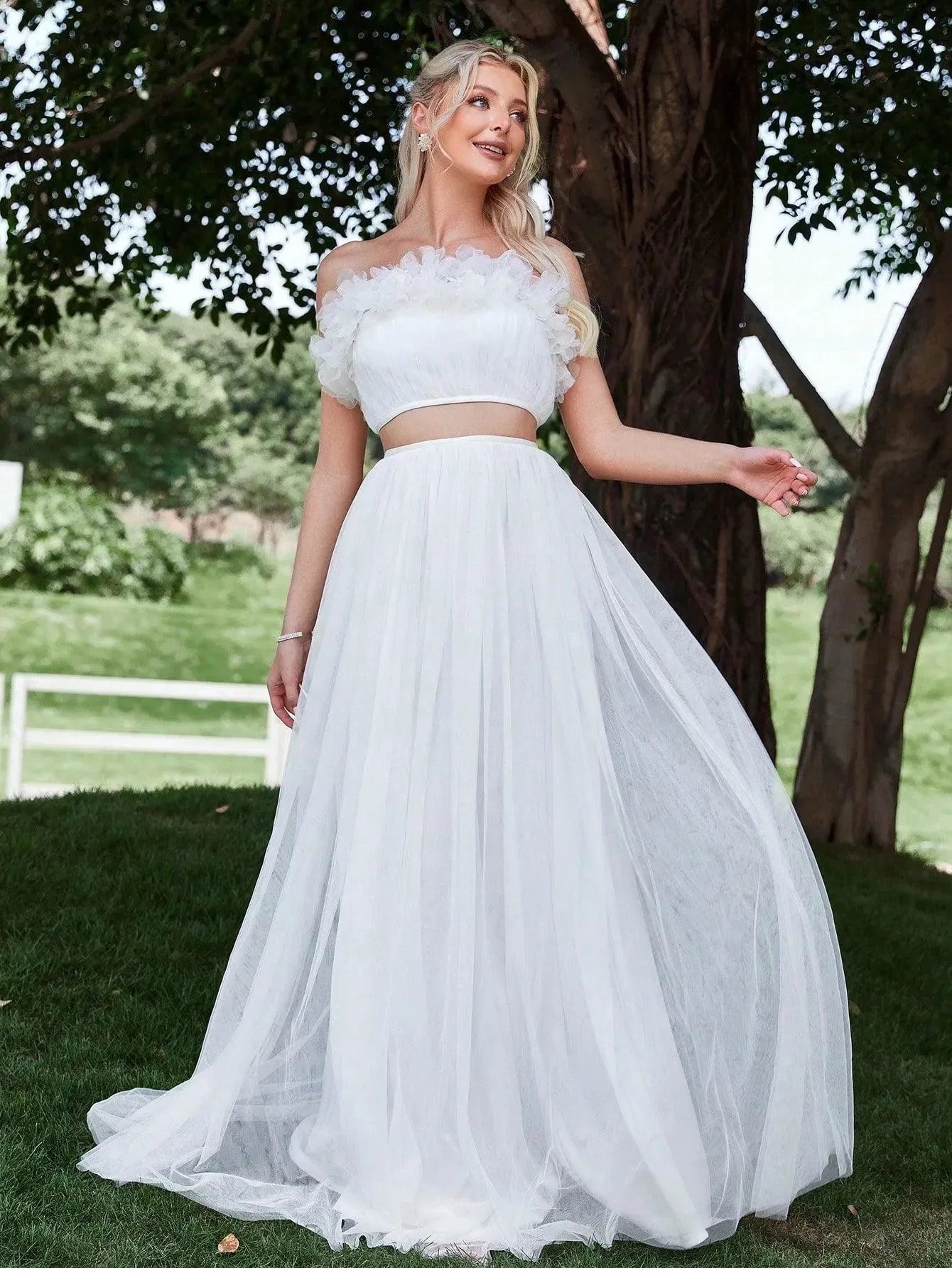 Floral Applique Tube Top & Mesh Maxi Skirt