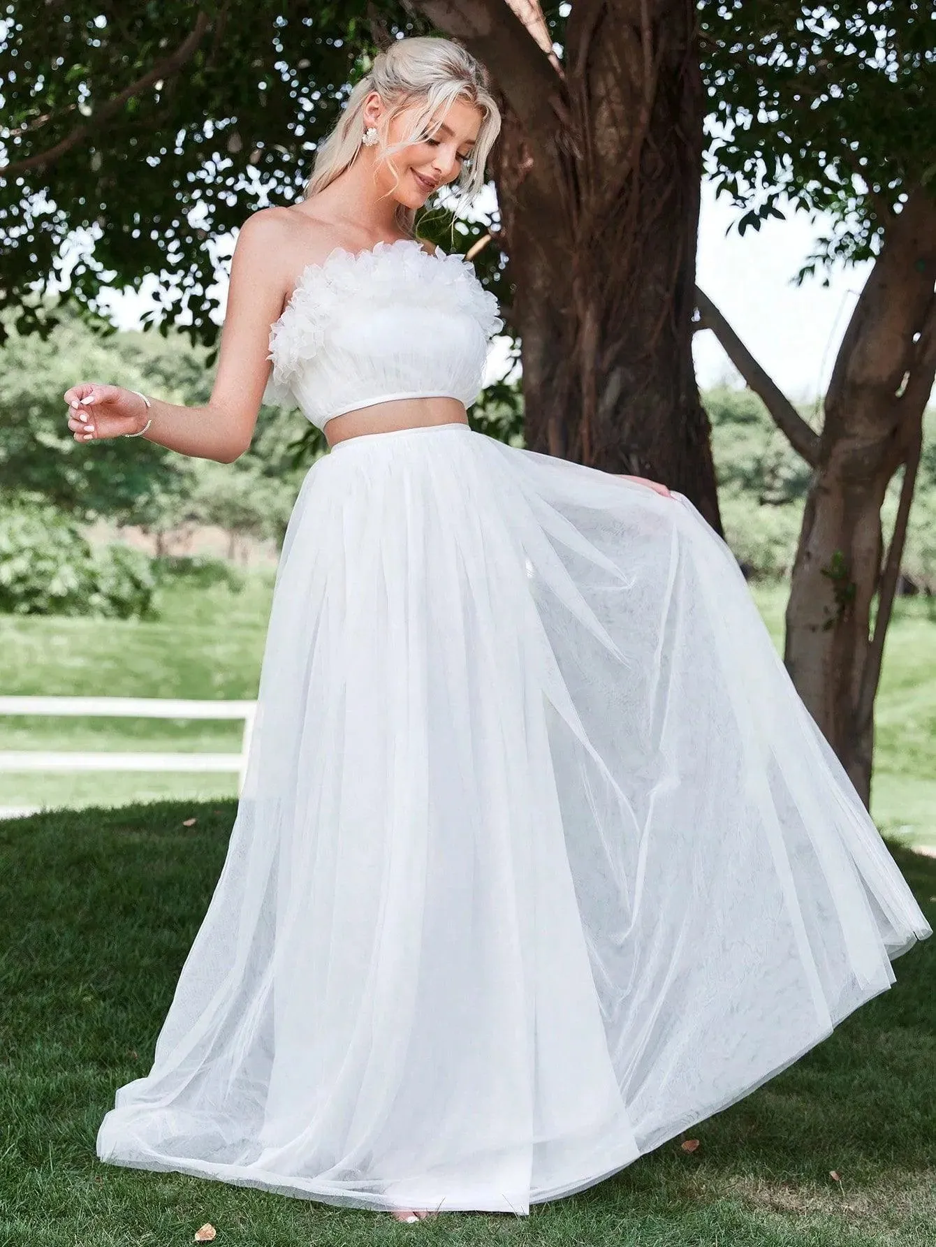 Floral Applique Tube Top & Mesh Maxi Skirt