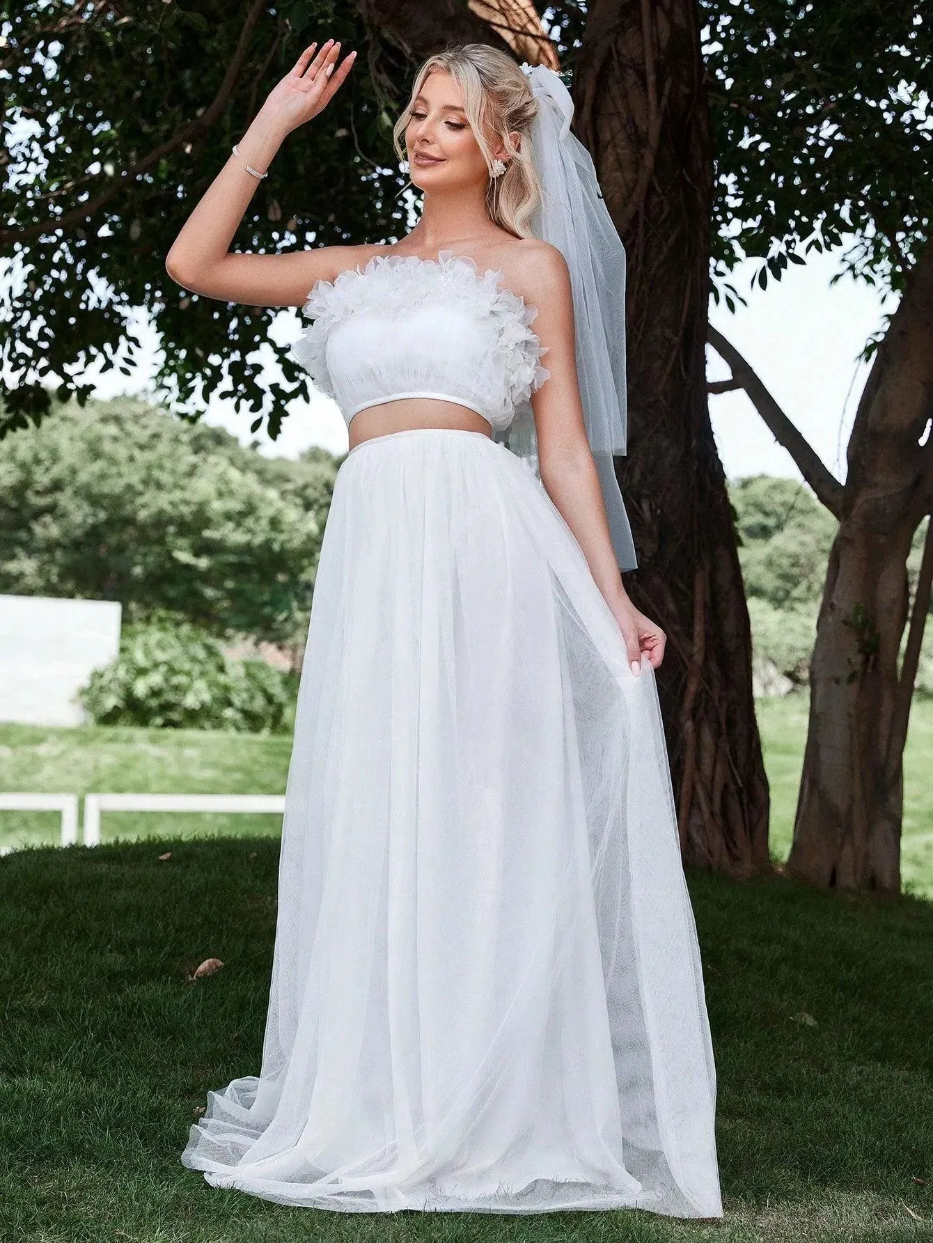 Floral Applique Tube Top & Mesh Maxi Skirt