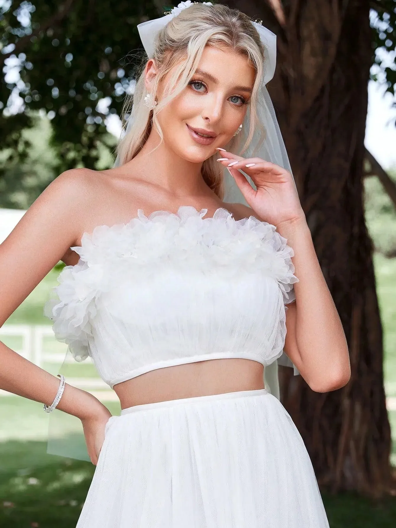 Floral Applique Tube Top & Mesh Maxi Skirt