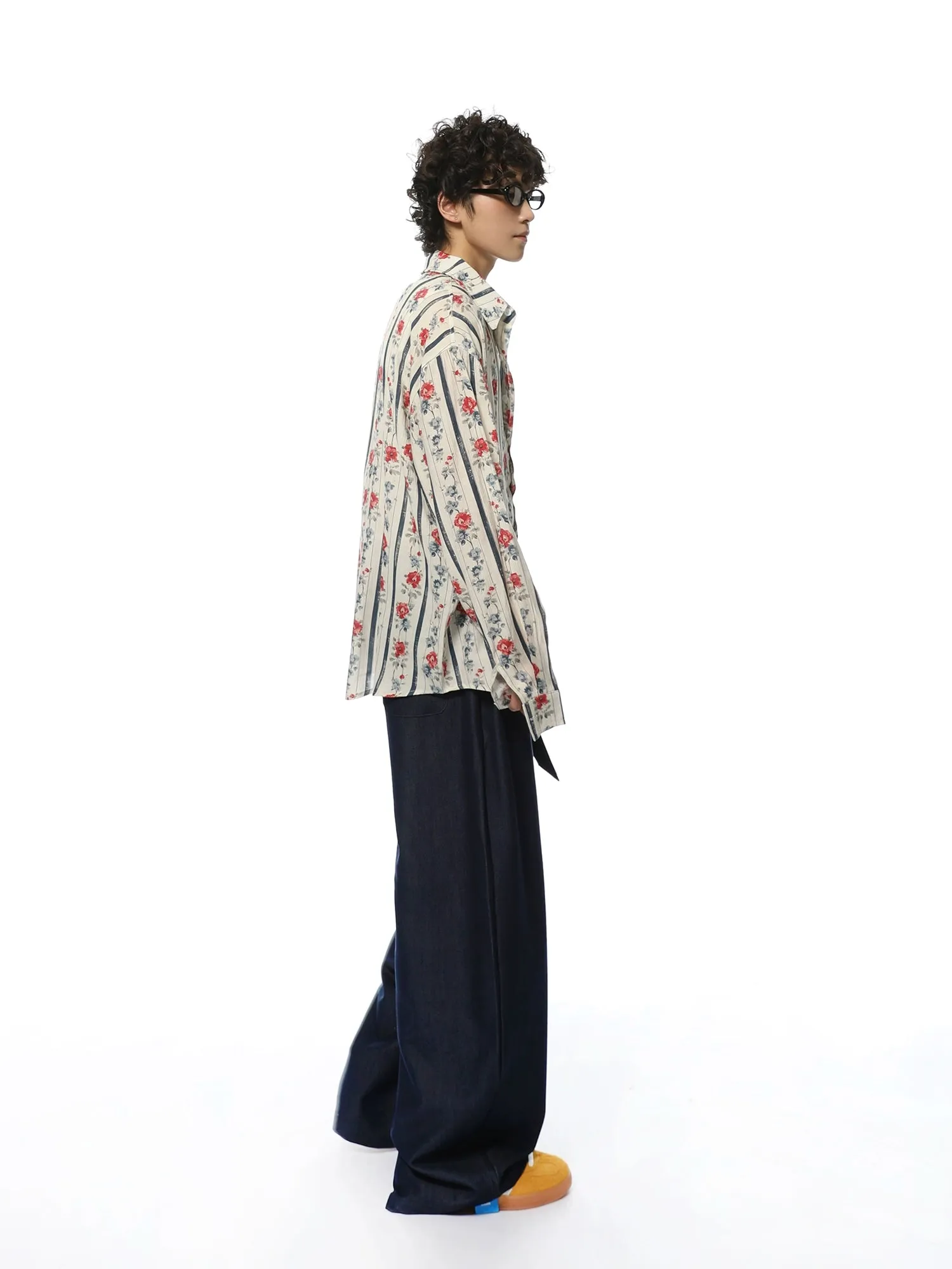 Floral Stripe Print Oversized Button-Up Shirt