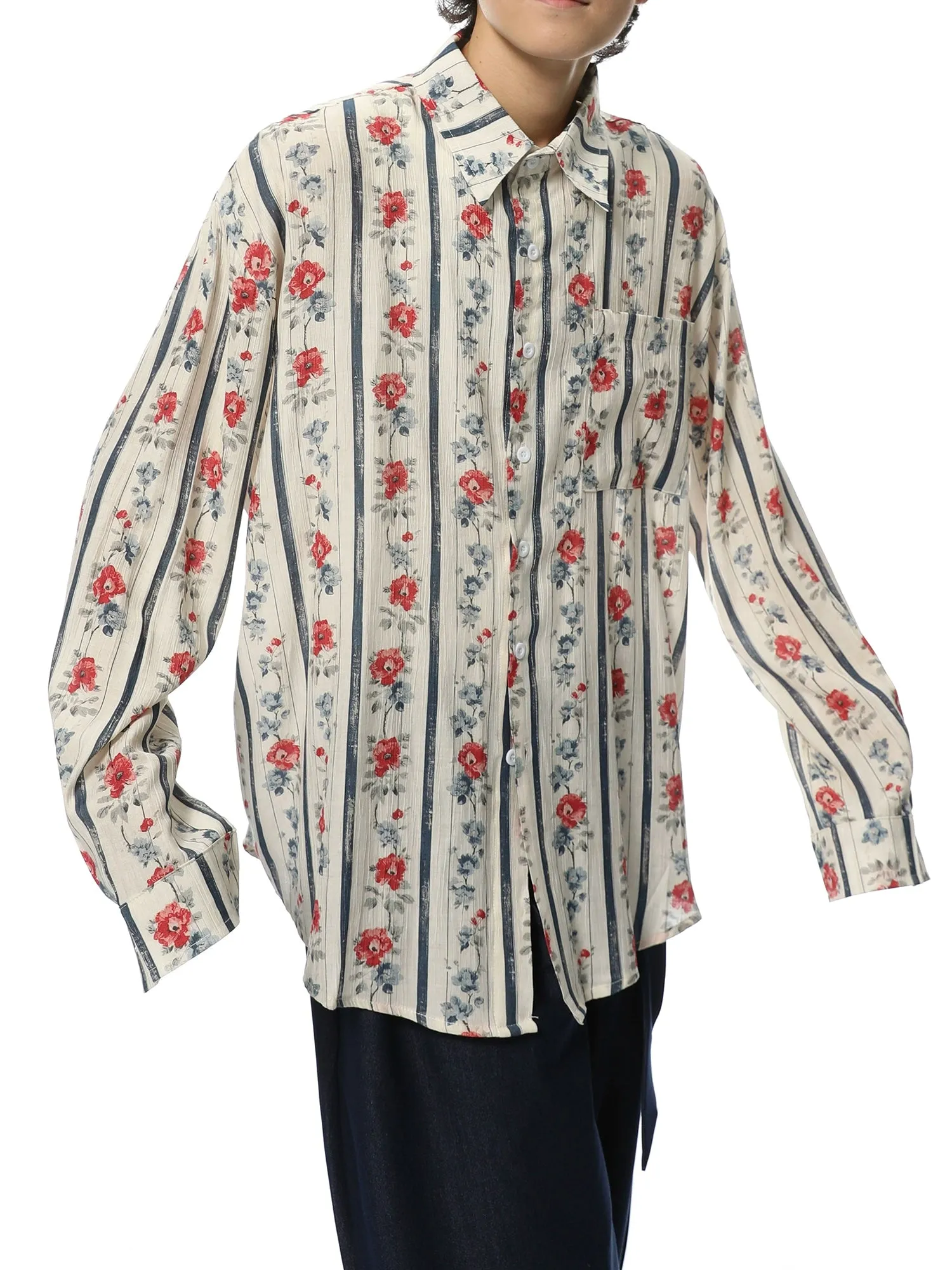 Floral Stripe Print Oversized Button-Up Shirt