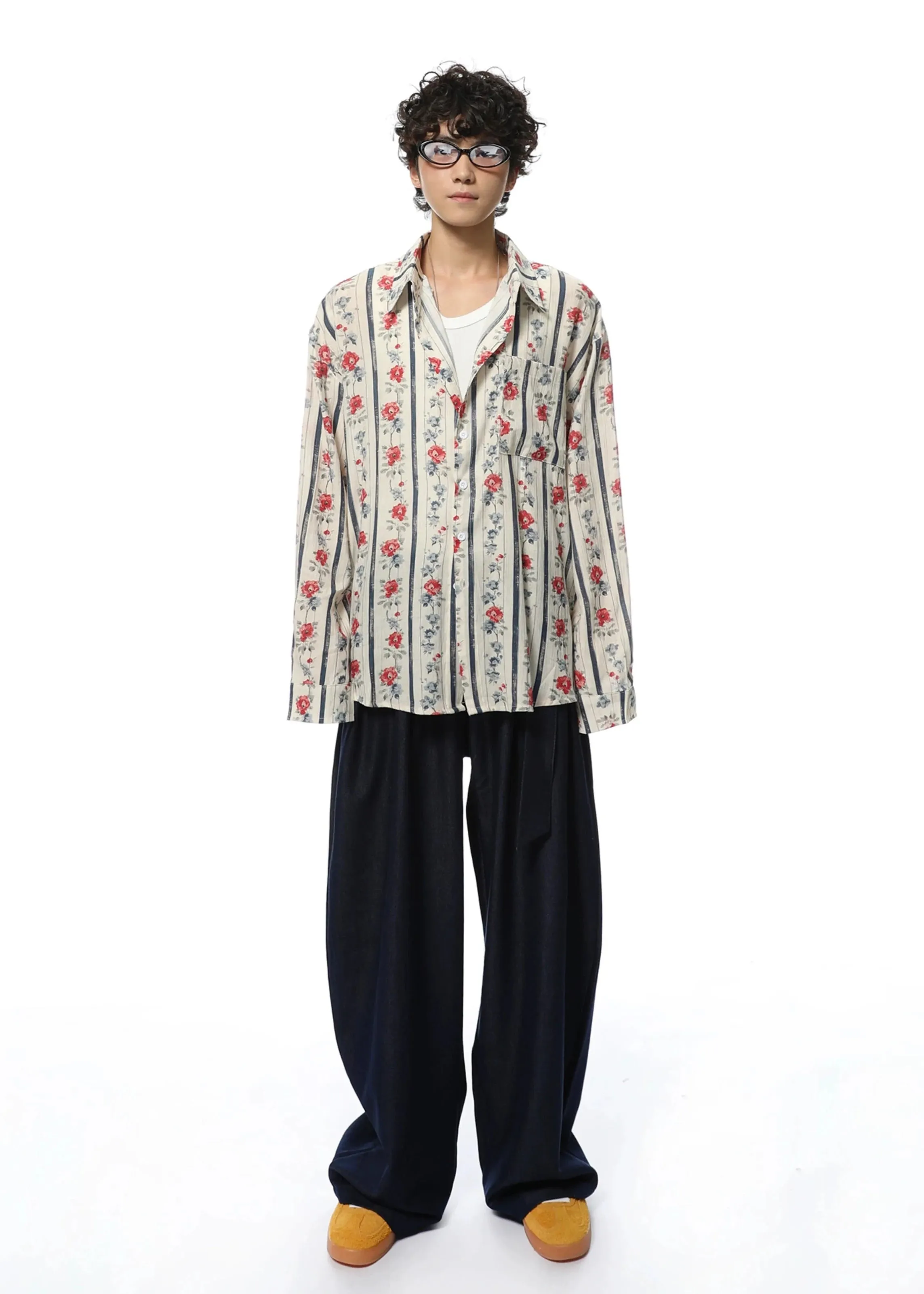 Floral Stripe Print Oversized Button-Up Shirt