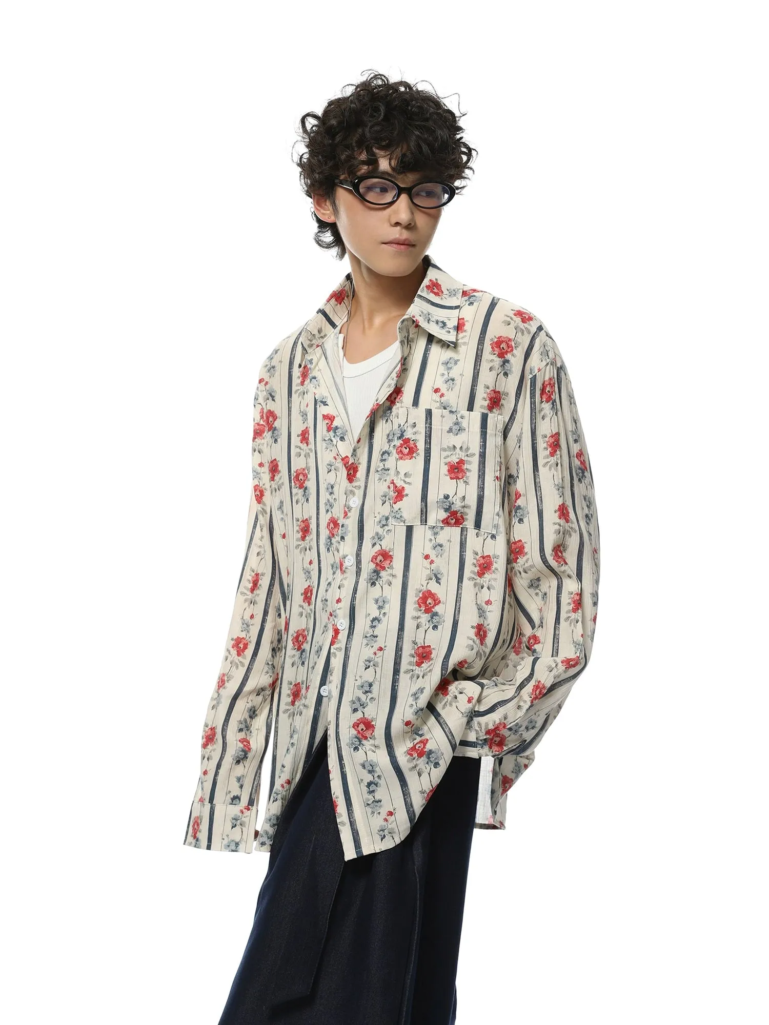 Floral Stripe Print Oversized Button-Up Shirt