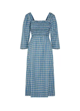 Ganni Seersucker Check Smock Midi Dress F6854