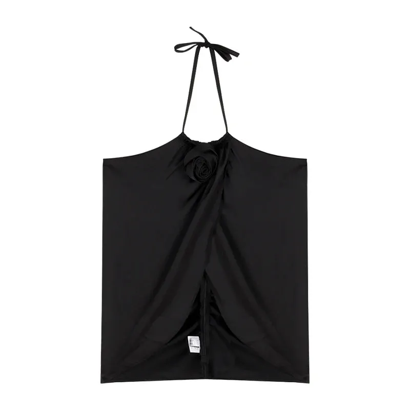 Girlary 2024 Summer New High Street 3d Flower Backless Sexy Irregular Camisole Women   High Waist Casual Mid-length Skirt Two-piece Suit