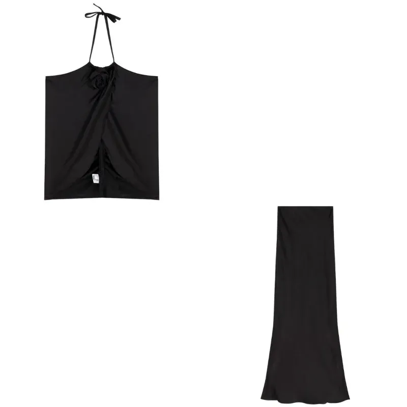 Girlary 2024 Summer New High Street 3d Flower Backless Sexy Irregular Camisole Women   High Waist Casual Mid-length Skirt Two-piece Suit