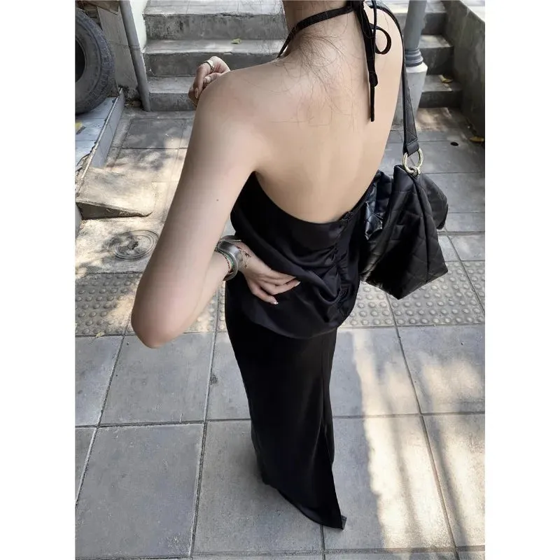 Girlary 2024 Summer New High Street 3d Flower Backless Sexy Irregular Camisole Women   High Waist Casual Mid-length Skirt Two-piece Suit