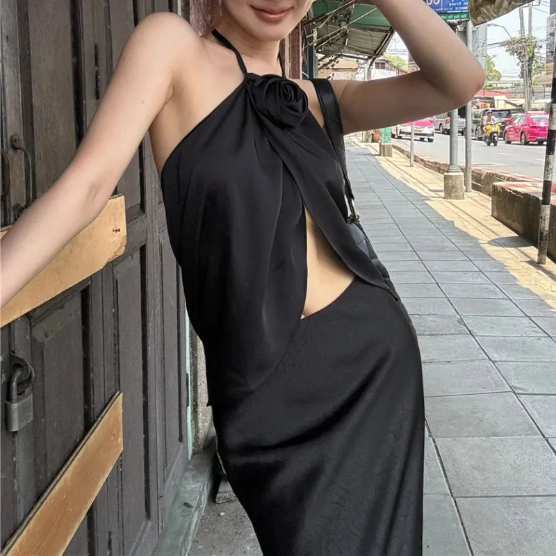 Girlary 2024 Summer New High Street 3d Flower Backless Sexy Irregular Camisole Women   High Waist Casual Mid-length Skirt Two-piece Suit