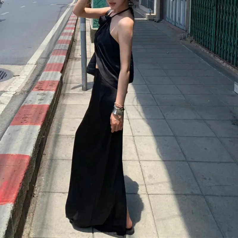 Girlary 2024 Summer New High Street 3d Flower Backless Sexy Irregular Camisole Women   High Waist Casual Mid-length Skirt Two-piece Suit
