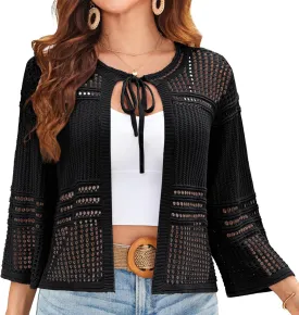 GRACE KARIN Womens 3/4 Sleeve Cropped Cardigan Summer Tie Open Front Corchet Knit Lightweight Bolero Shrug Sweaters