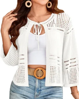 GRACE KARIN Womens 3/4 Sleeve Cropped Cardigan Summer Tie Open Front Corchet Knit Lightweight Bolero Shrug Sweaters
