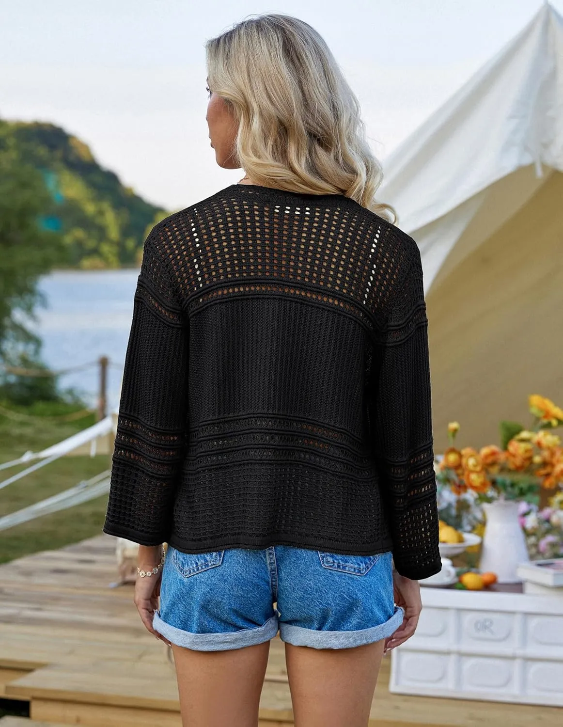 GRACE KARIN Womens 3/4 Sleeve Cropped Cardigan Summer Tie Open Front Corchet Knit Lightweight Bolero Shrug Sweaters
