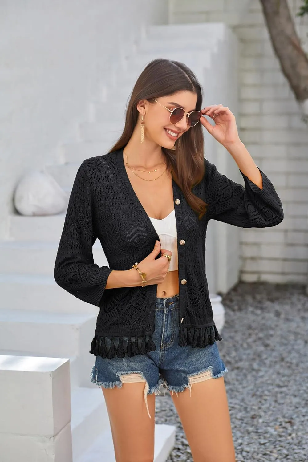 GRACE KARIN Women's 3/4 Sleeve V-Neck Boho Hollowed Out Crochet Knit Shrug Lightweight Cardigan Sweater with Tassels