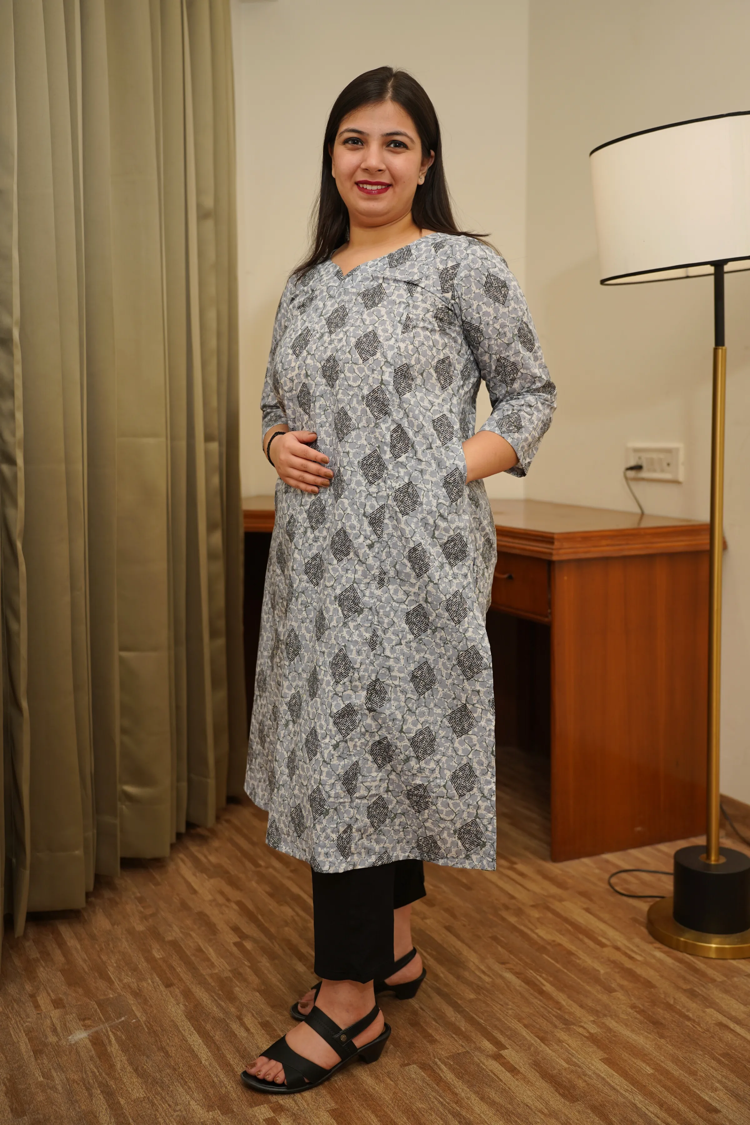 Grey Printed A-line Kurta