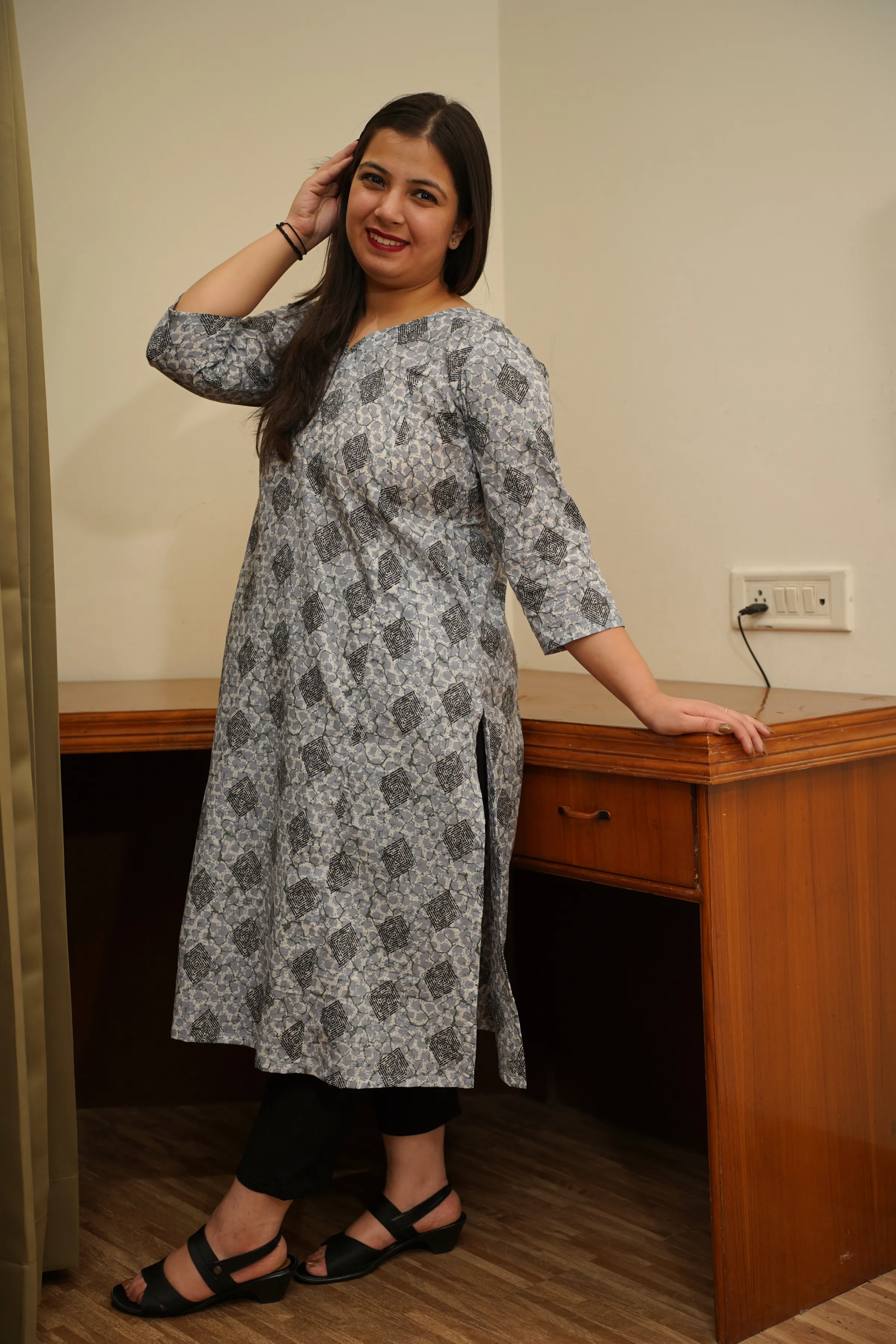 Grey Printed A-line Kurta