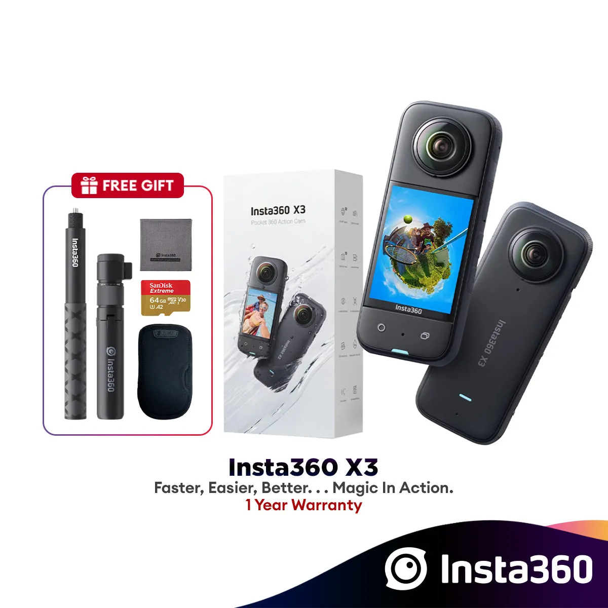 Insta360 X3 Waterproof 360 Action Camera (48MP Sensors, 5.7K 360 Active HDR Video, 72MP 360 Photo, 4K Single-Lens)