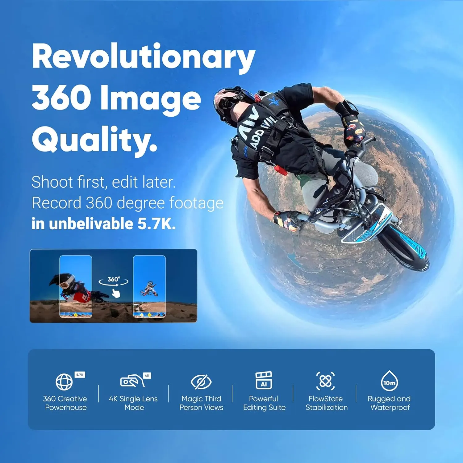 Insta360 X3 Waterproof 360 Action Camera (48MP Sensors, 5.7K 360 Active HDR Video, 72MP 360 Photo, 4K Single-Lens)