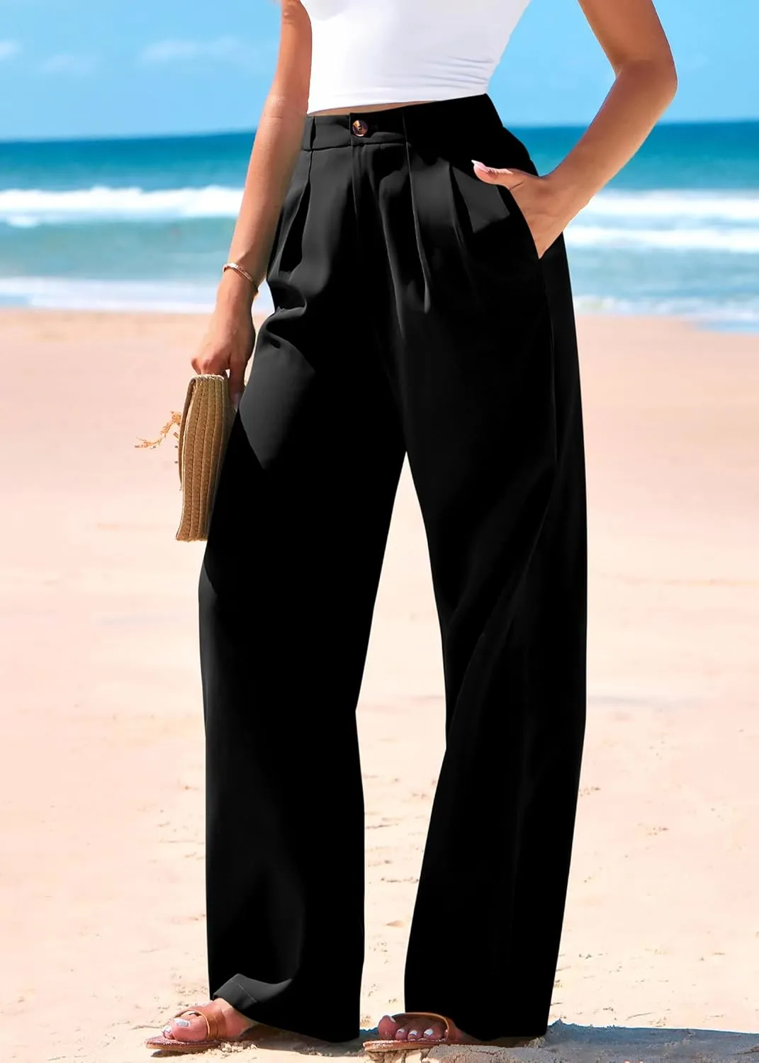 KIRUNDO Wide Leg Dress Pants for Women High Waisted Office Work Trousers Business Casual Slacks Button Flowy Palazzo Pant