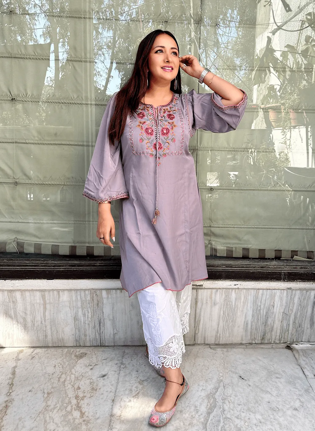 Lavender A-line Kurti with Floral Embroidery
