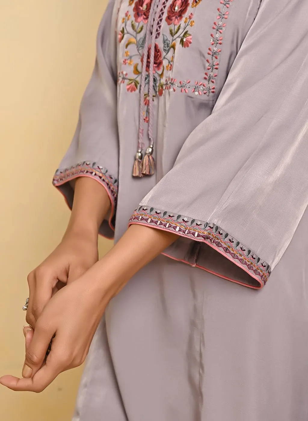 Lavender A-line Kurti with Floral Embroidery