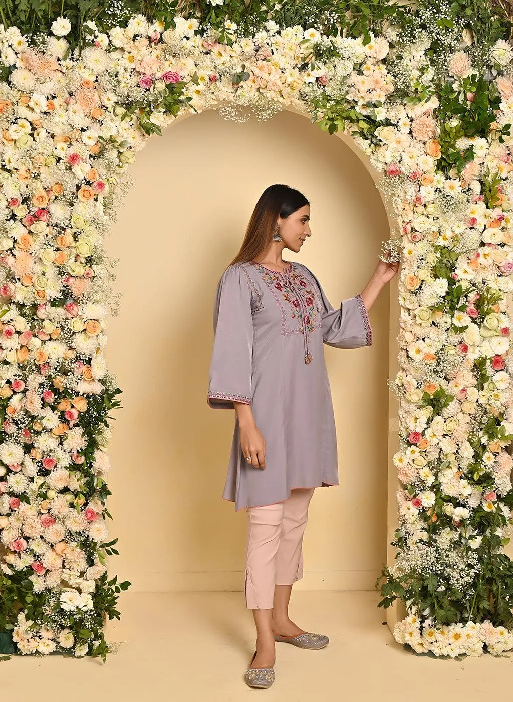 Lavender A-line Kurti with Floral Embroidery