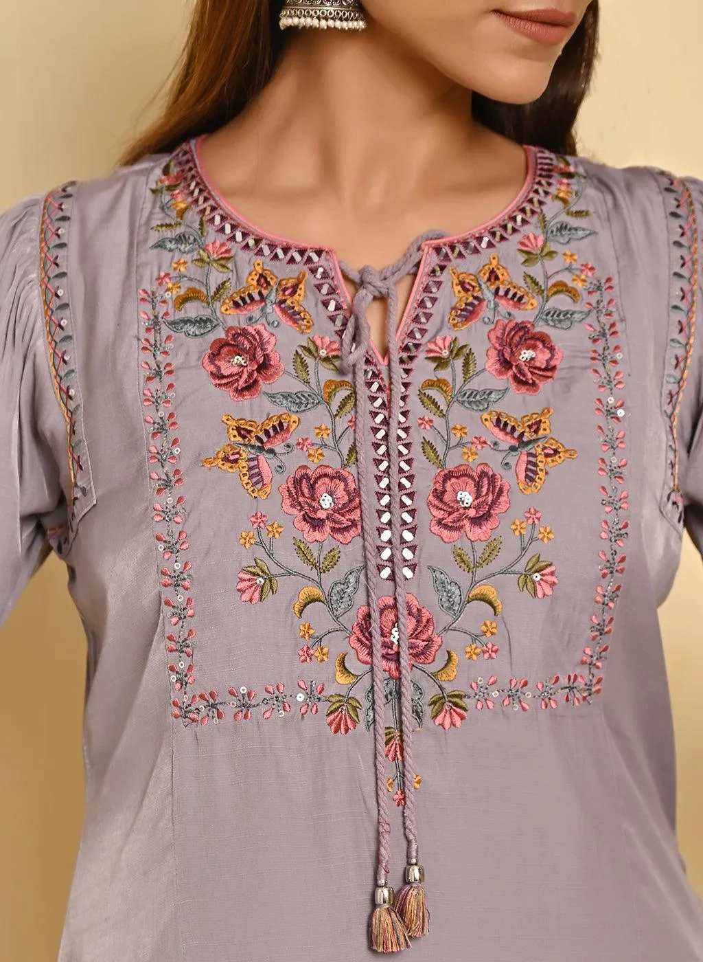 Lavender A-line Kurti with Floral Embroidery