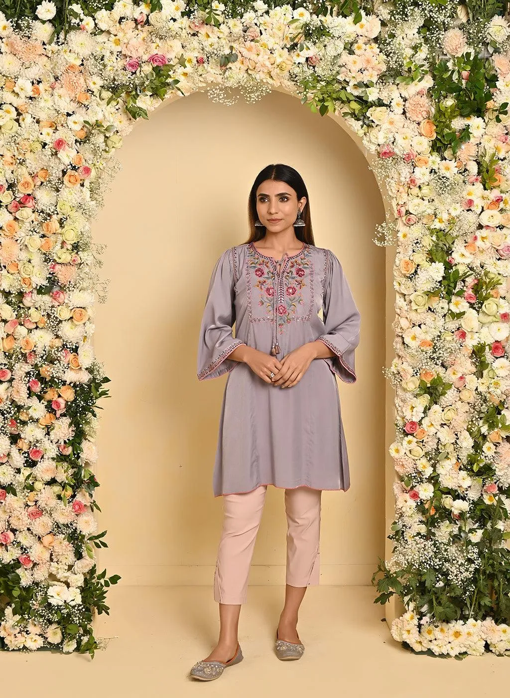 Lavender A-line Kurti with Floral Embroidery