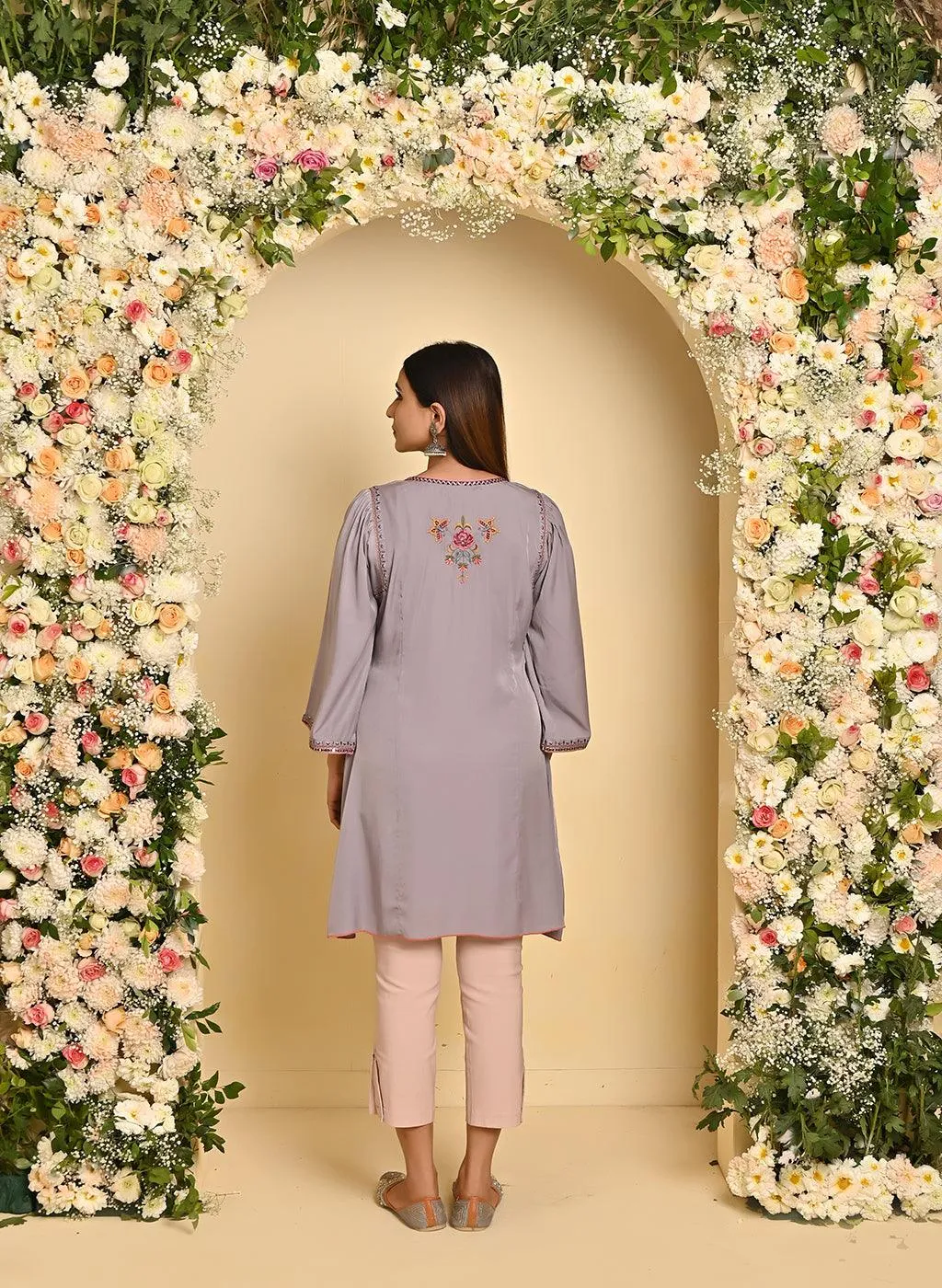 Lavender A-line Kurti with Floral Embroidery