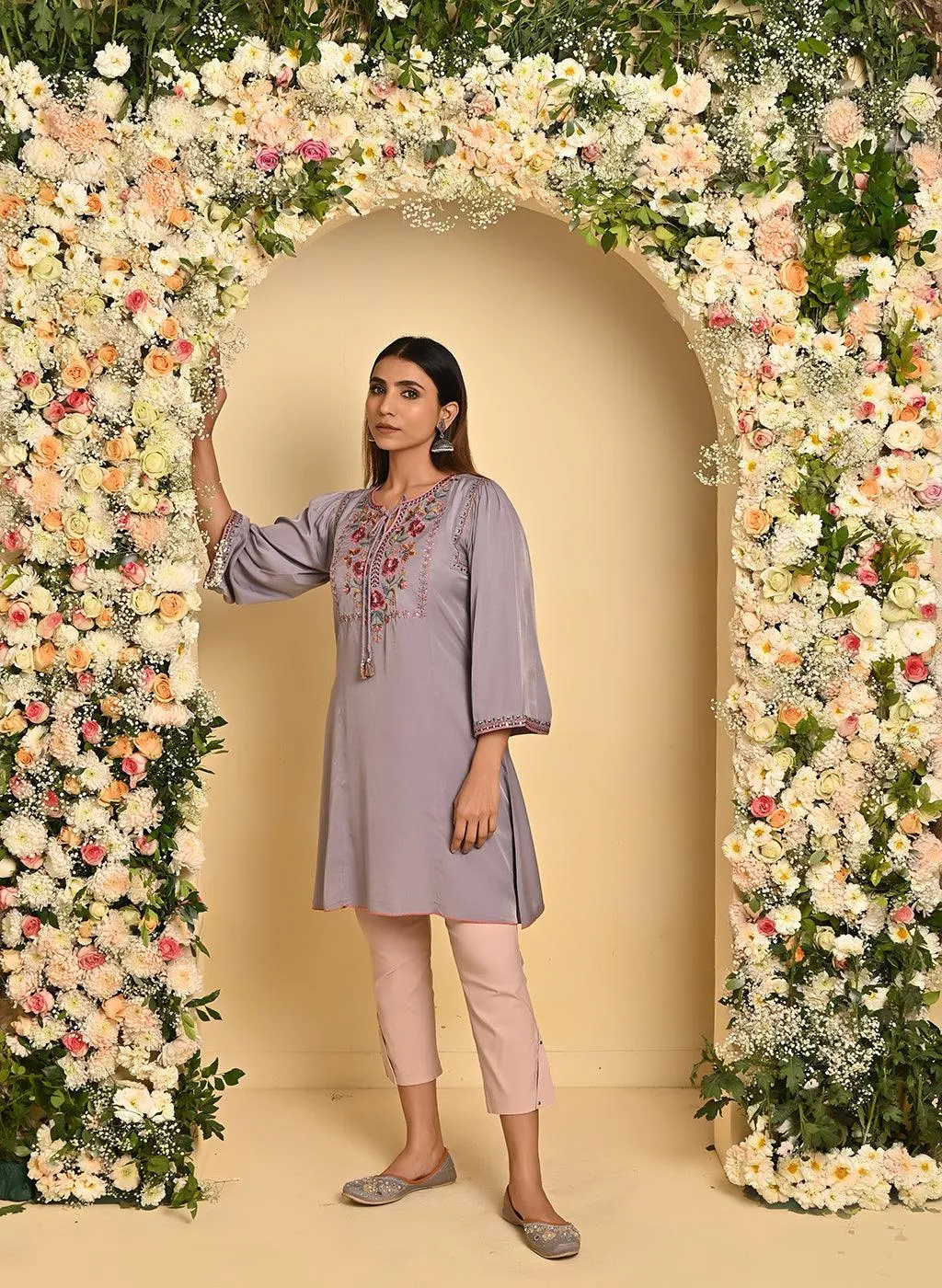 Lavender A-line Kurti with Floral Embroidery