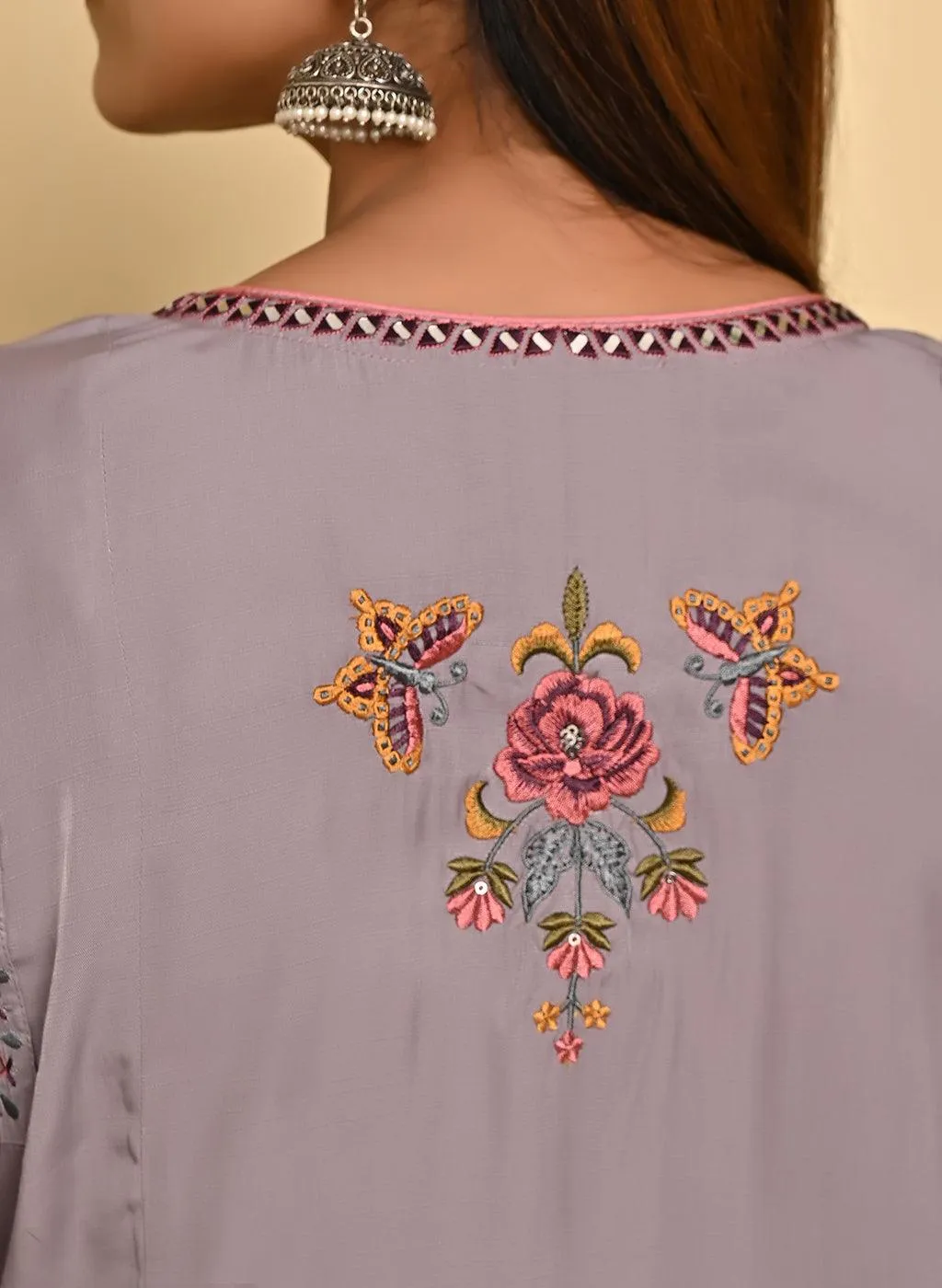 Lavender A-line Kurti with Floral Embroidery