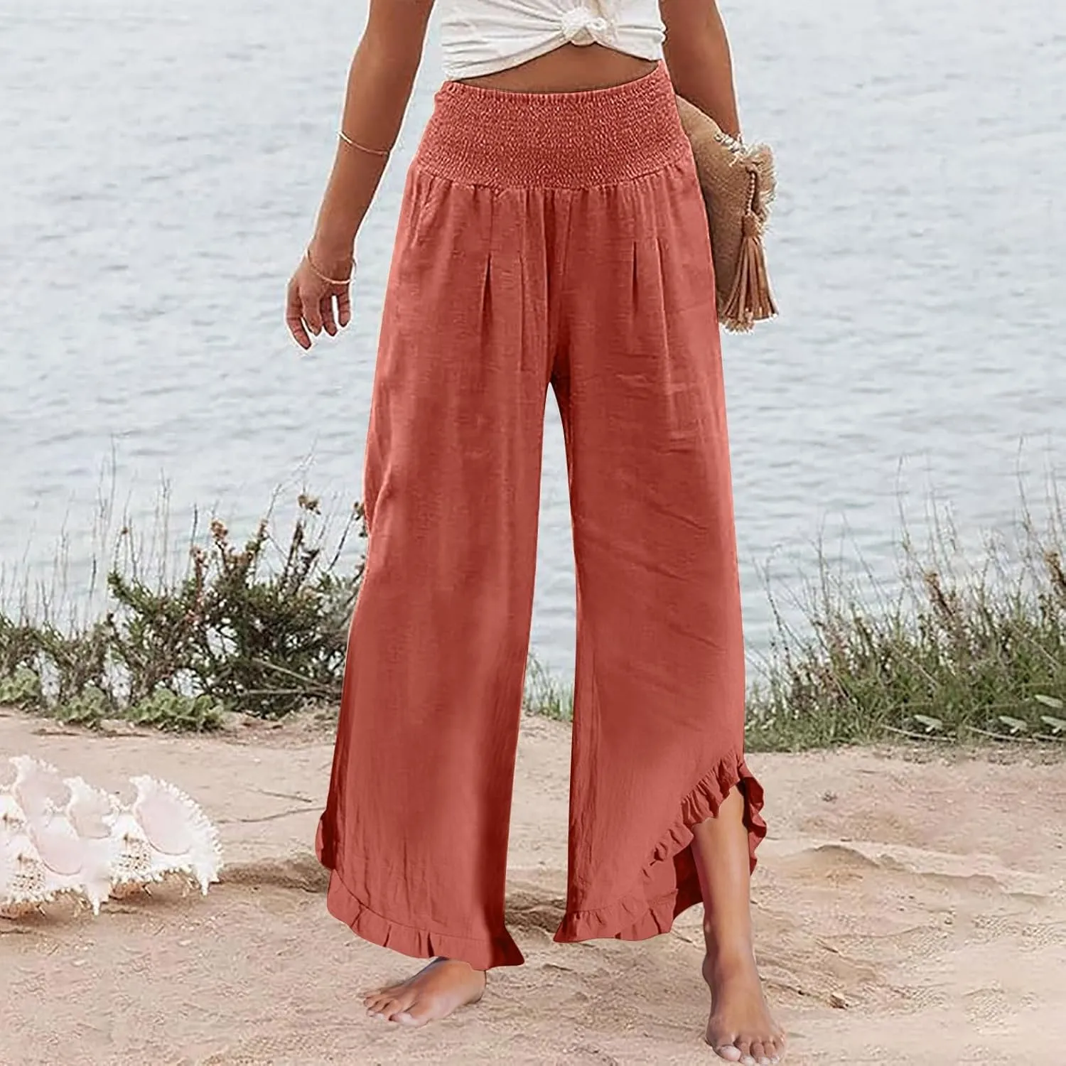 Linen Pants Women Summer Smocked High Waisted Wide Leg Palazzo Pants Casual Ruffle Flowy Beach Pants with Pockets
