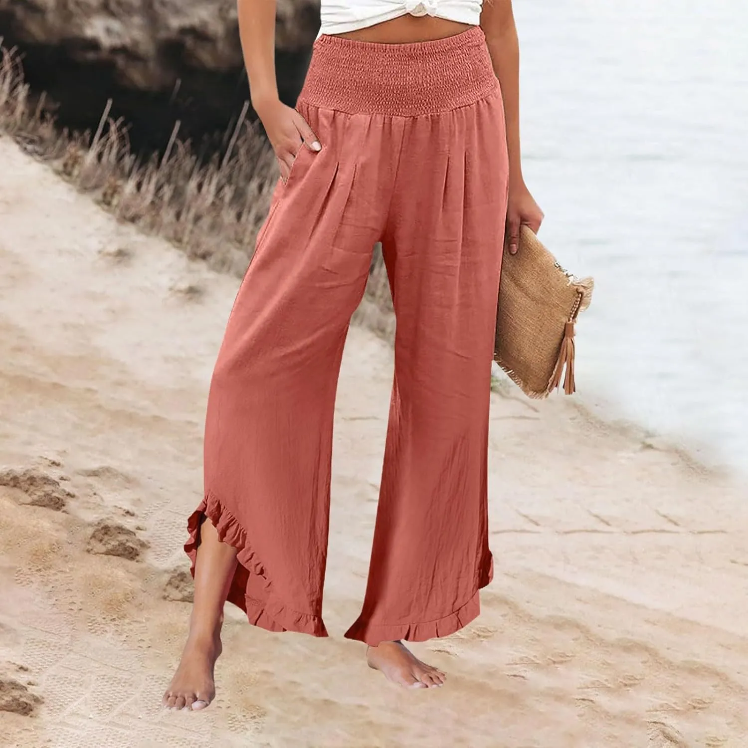 Linen Pants Women Summer Smocked High Waisted Wide Leg Palazzo Pants Casual Ruffle Flowy Beach Pants with Pockets
