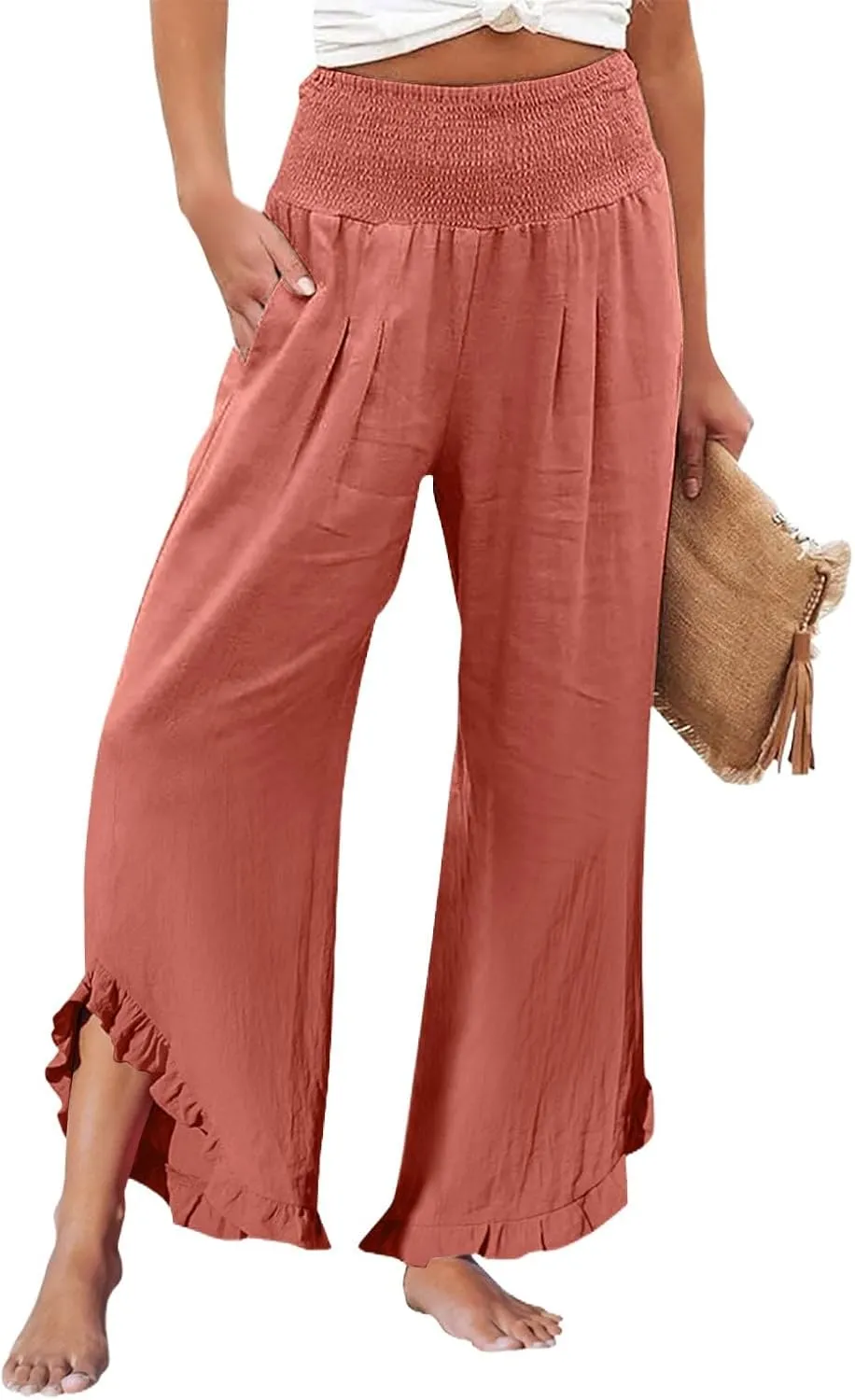 Linen Pants Women Summer Smocked High Waisted Wide Leg Palazzo Pants Casual Ruffle Flowy Beach Pants with Pockets