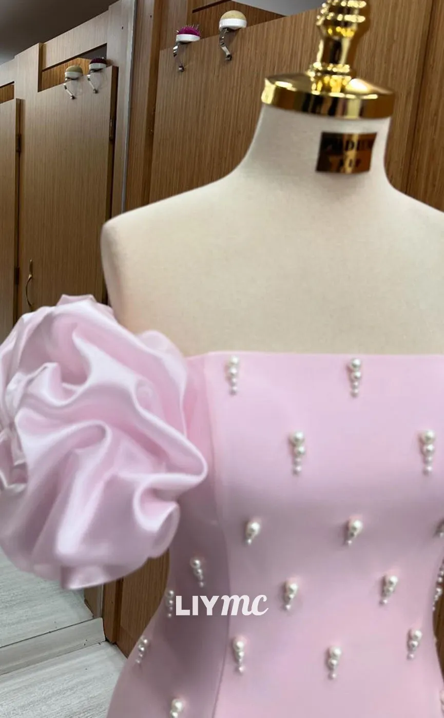 LP1344 - Unique ermaid Fitted Baby Pink Off-Shoulder Floor-Length Prom Gown with Pearls