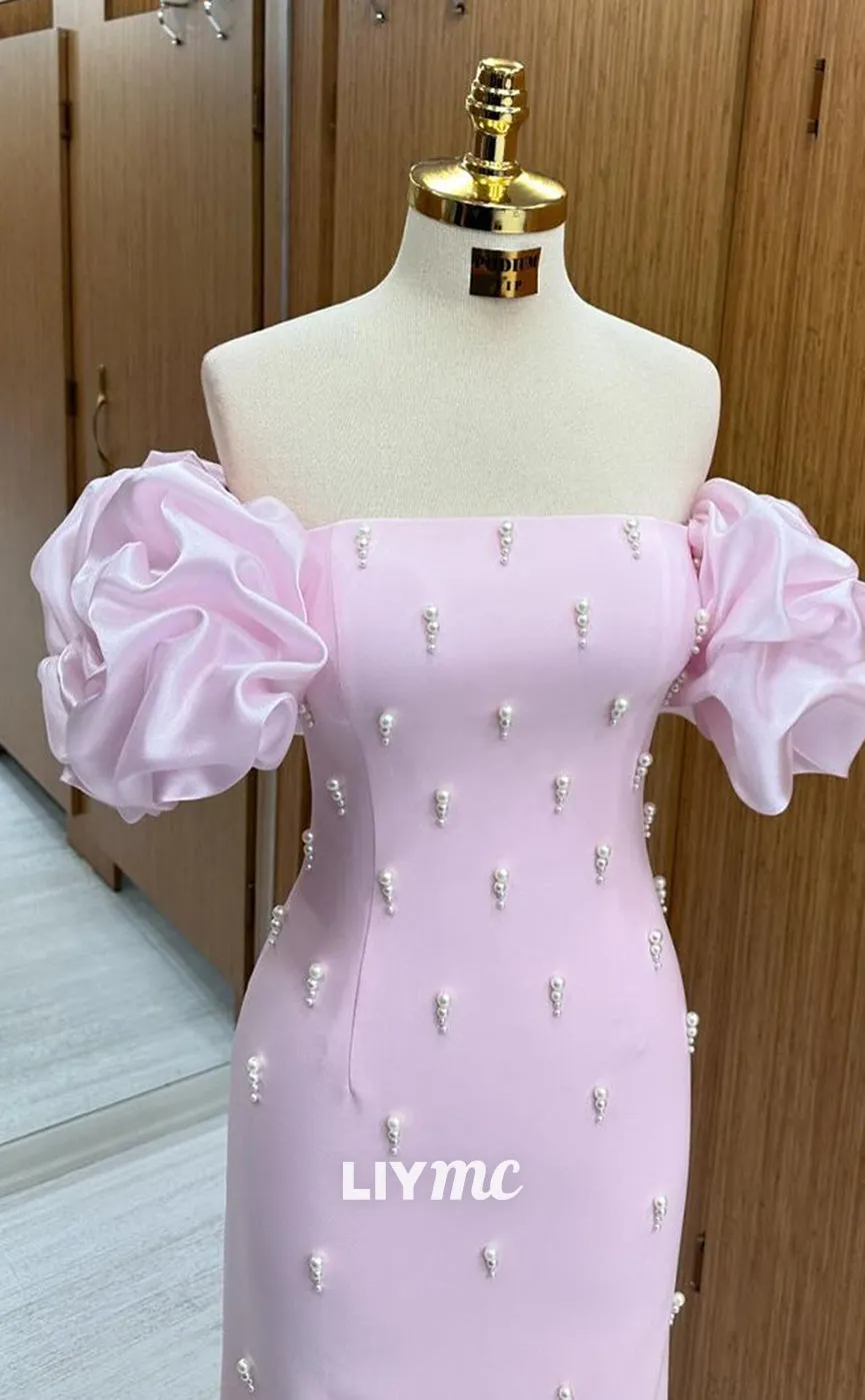 LP1344 - Unique ermaid Fitted Baby Pink Off-Shoulder Floor-Length Prom Gown with Pearls