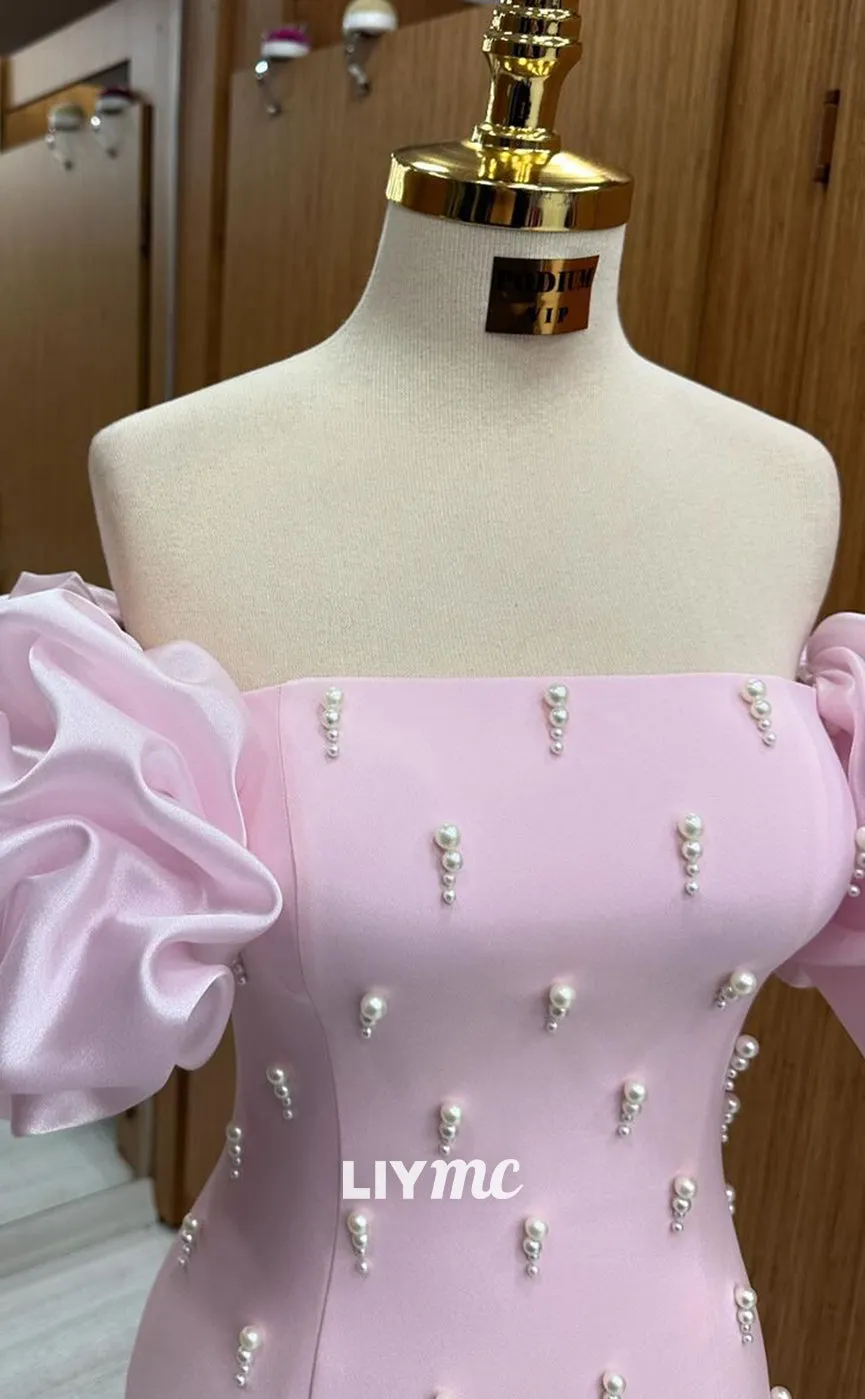 LP1344 - Unique ermaid Fitted Baby Pink Off-Shoulder Floor-Length Prom Gown with Pearls